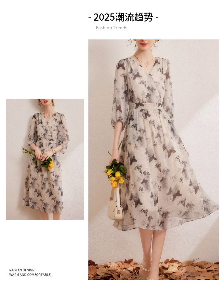 2025春夏新款女人味印花飘逸长裙时尚V领修身女式七分袖连衣裙潮详情7