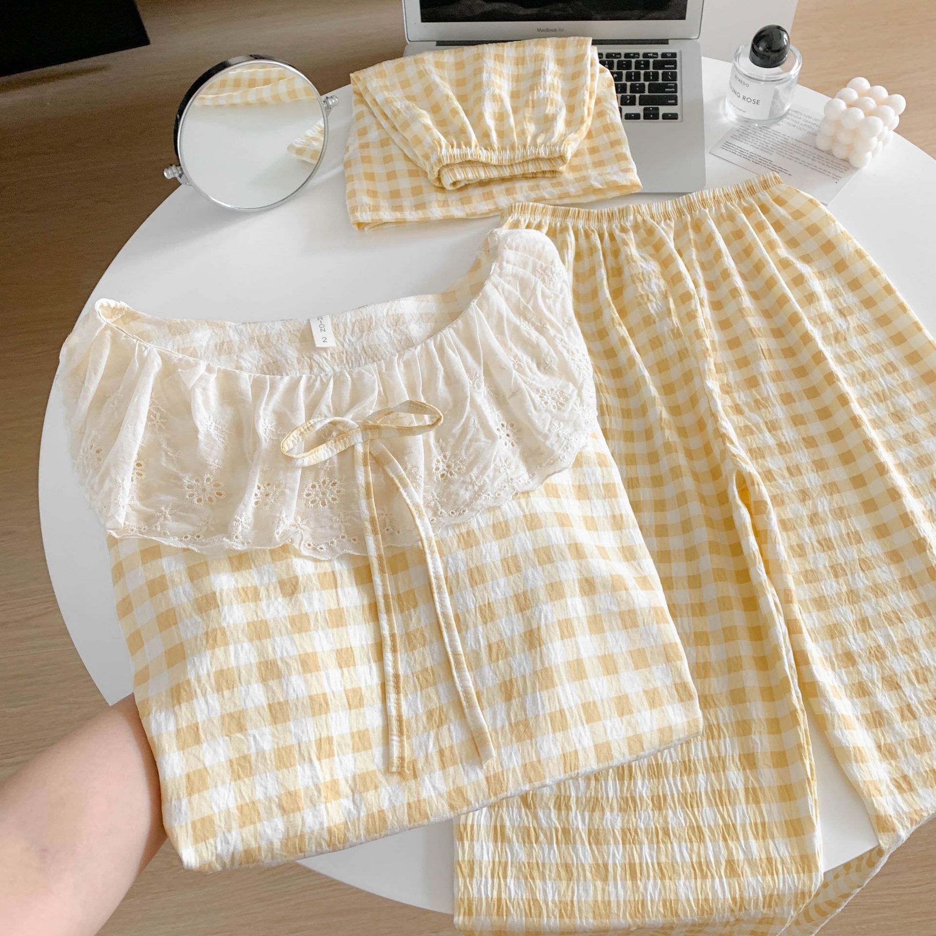 跨境外贸爆款三件套睡衣女短袖短裤长裤甜美大翻领蕾丝花边家居服详情7