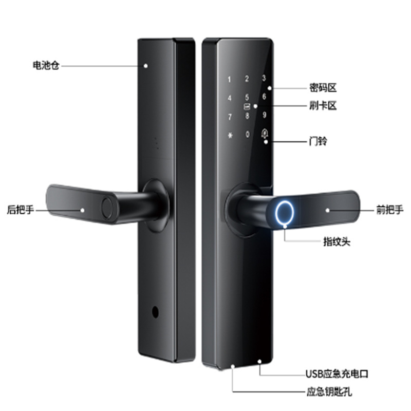 Black smart door lock with facial and fingerprint recognition, digital keyboard handle, specially designed for wooden doors pic 13