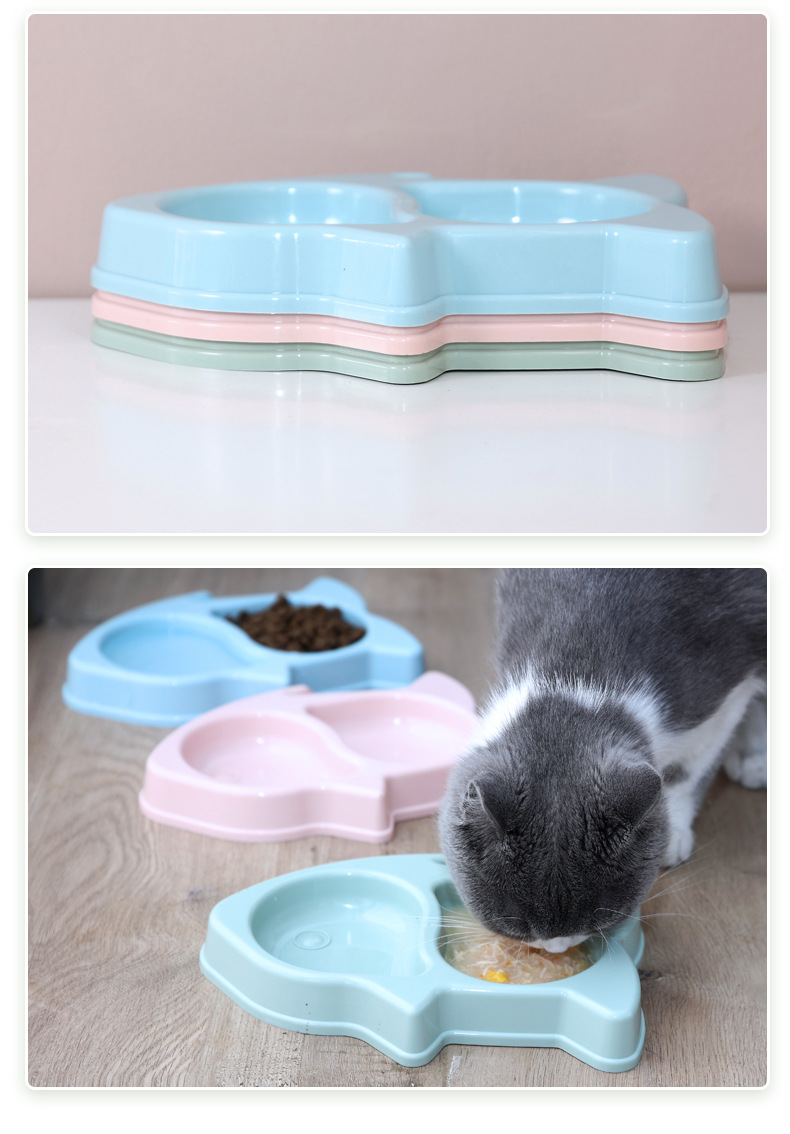 New plastic cat bowl fish-shaped cat food bowl, pet supplies, anti-tipping cat one-piece double bowl food bowl pic 132