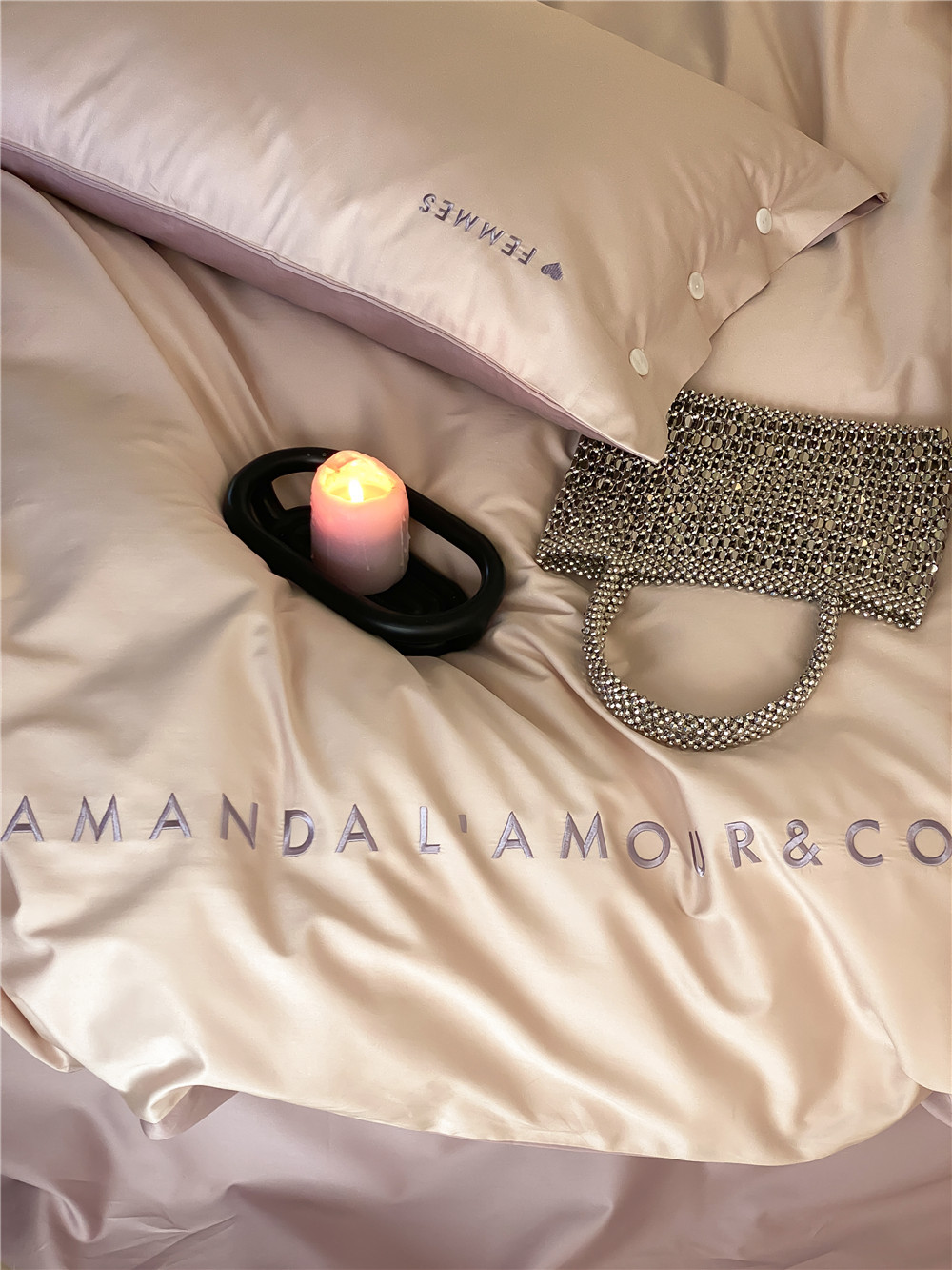 Simple, light luxury and fashionable solid-color long-staple cotton four-piece set, pure cotton letter-embroidered duvet cover, double bedding pic 23