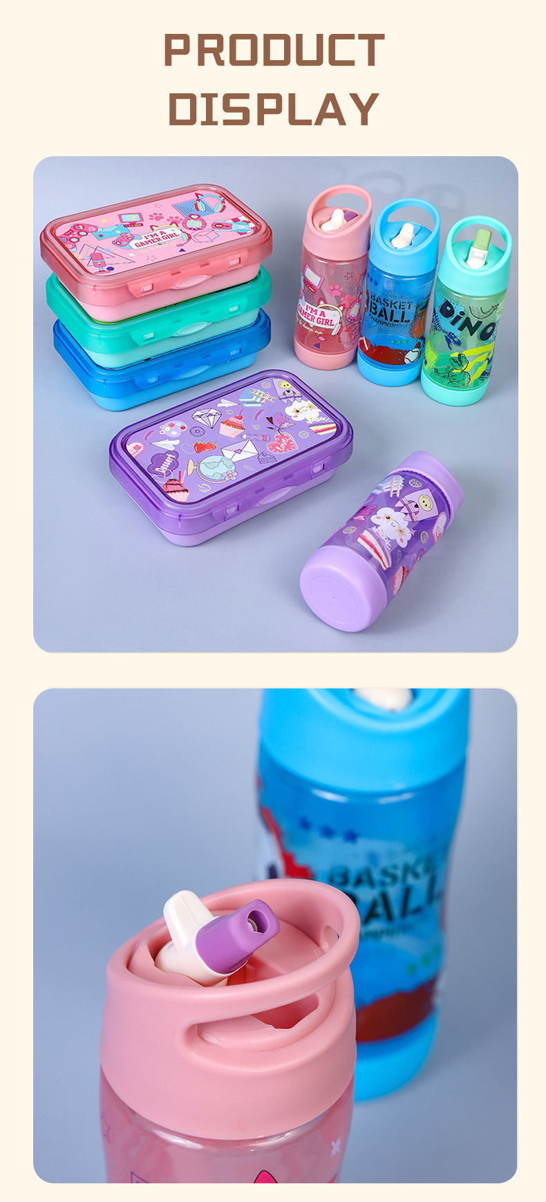 跨境热卖儿童便当盒学生宿舍便捷饭盒厂家直供卡通水杯饭盒套装详情8