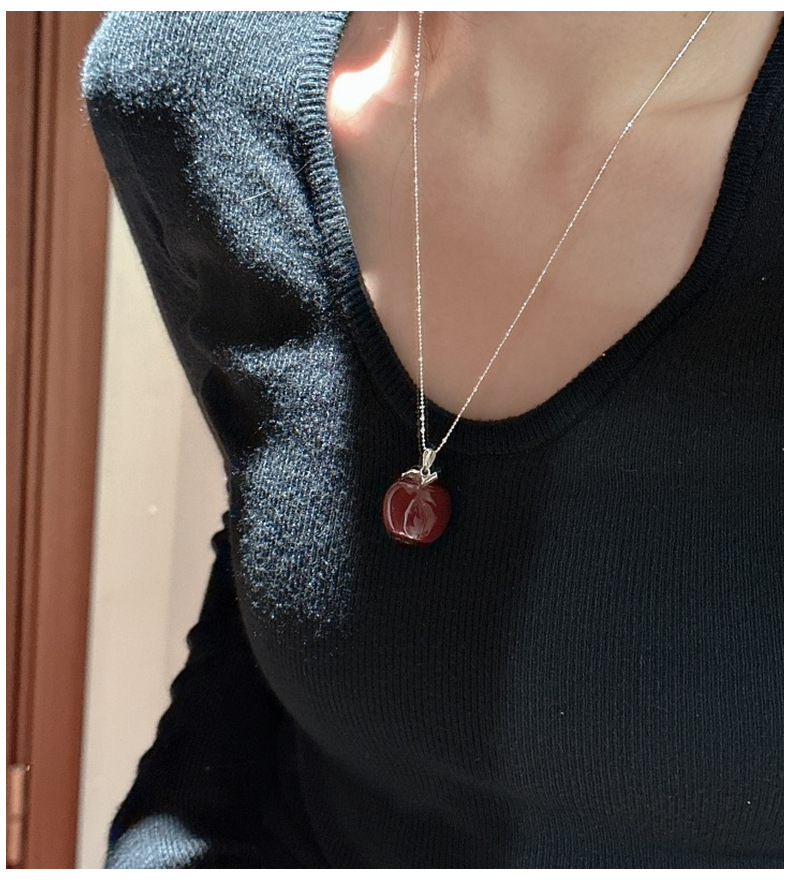 S925 sterling silver niche design Angolan red apple pendant necklace, simple and fashionable, safe and sound sweater chain pic 6
