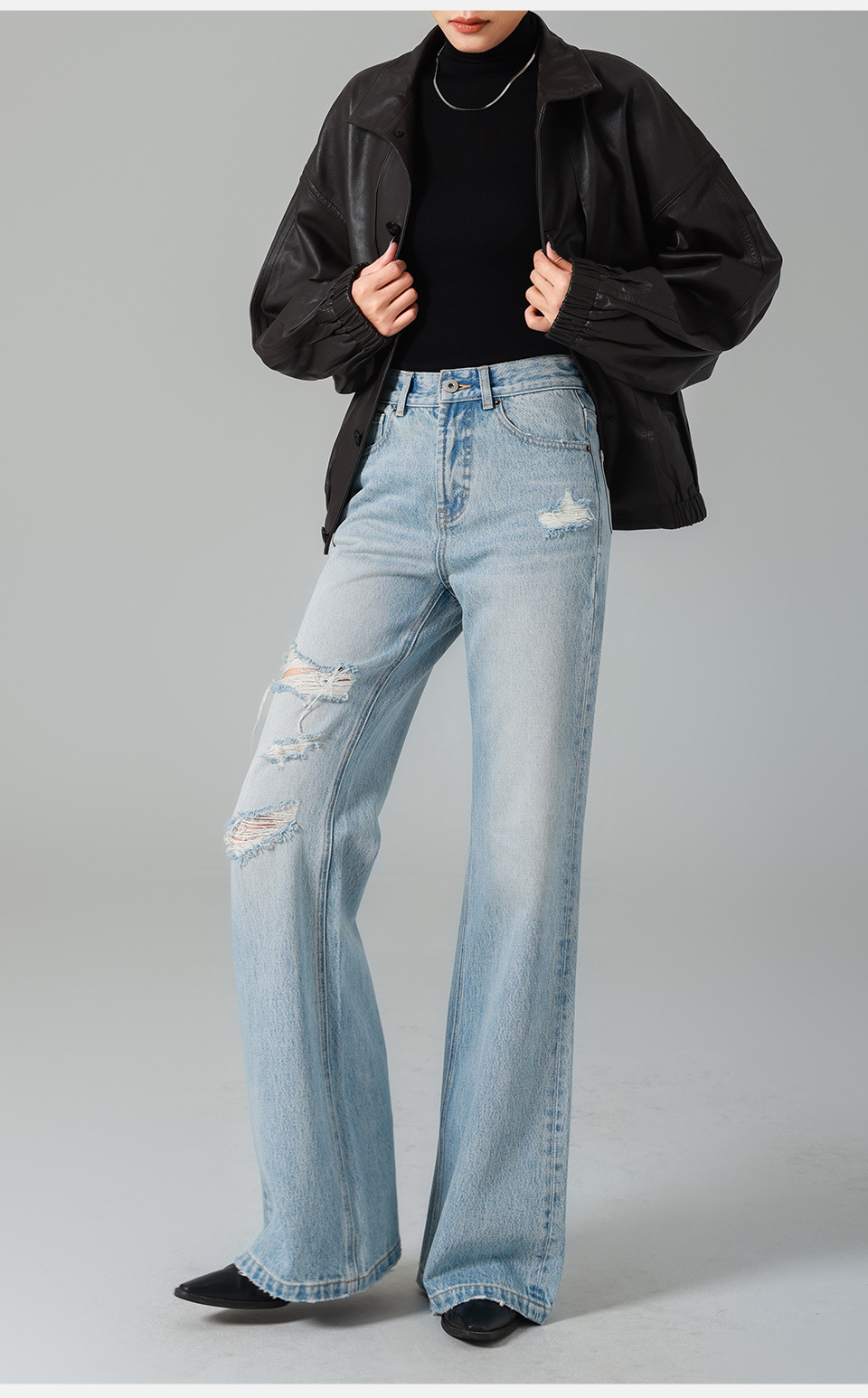 Classic light blue ripped high-waisted flared jeans for women, wide-leg retro flared pants, 25 early autumn new style, slimming pic 21