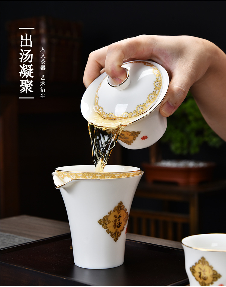 Sheep fat jade white porcelain covered bowl Gongfu tea set, business office ceramic gift complete set, home living room tea cup pic 10