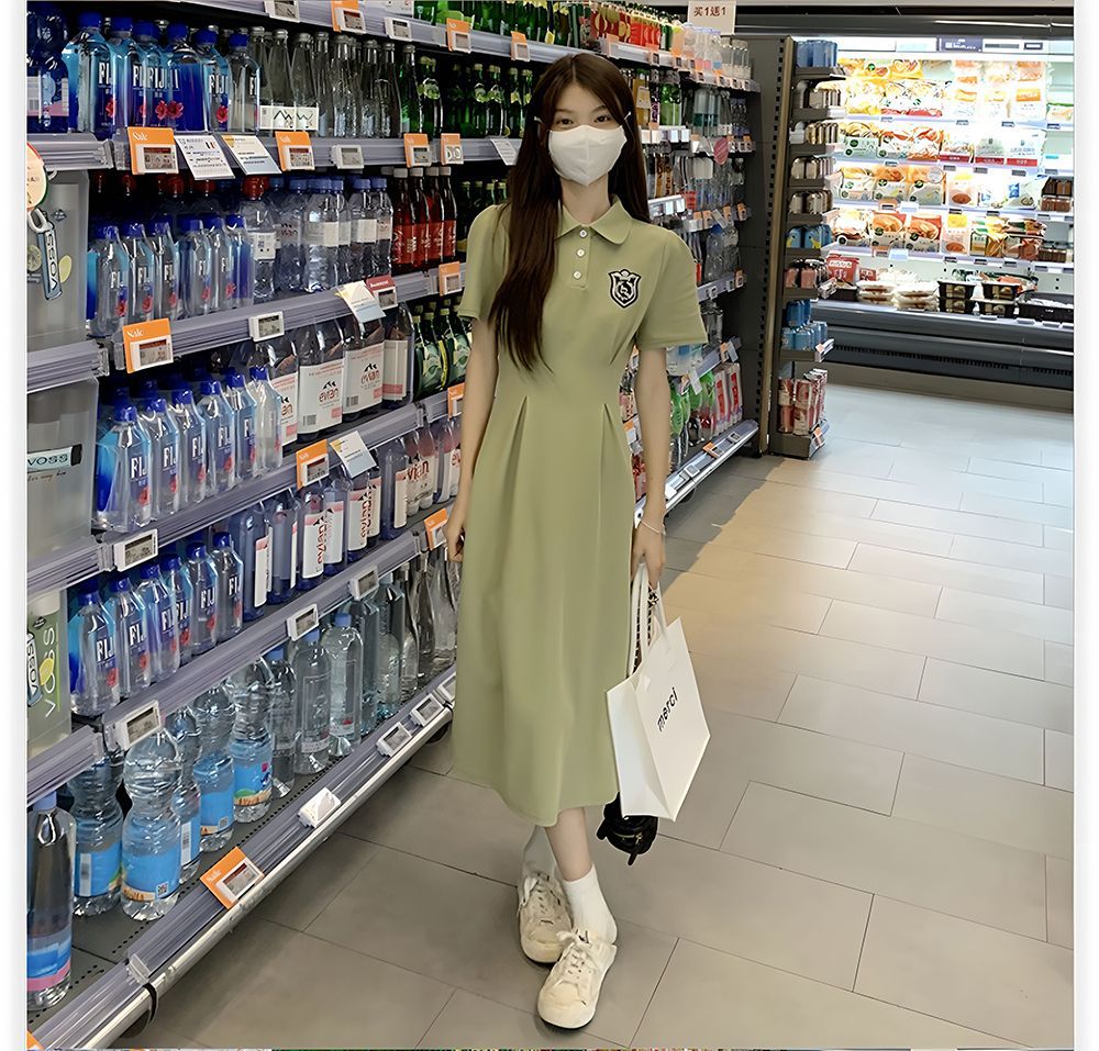 夏季POLO领短袖连衣裙女收腰显瘦过膝长裙学院风中长款休闲A字裙详情6