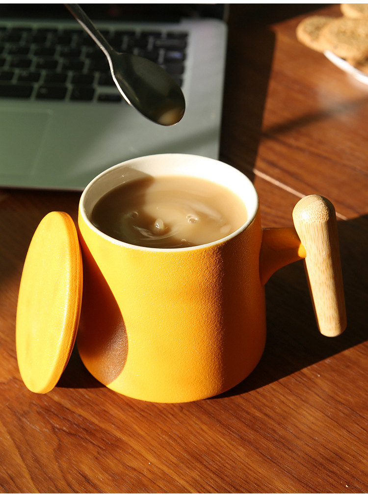 木柄陶瓷杯马克杯带盖咖啡杯创意水杯文创企业礼品广告定 制LOGO详情12
