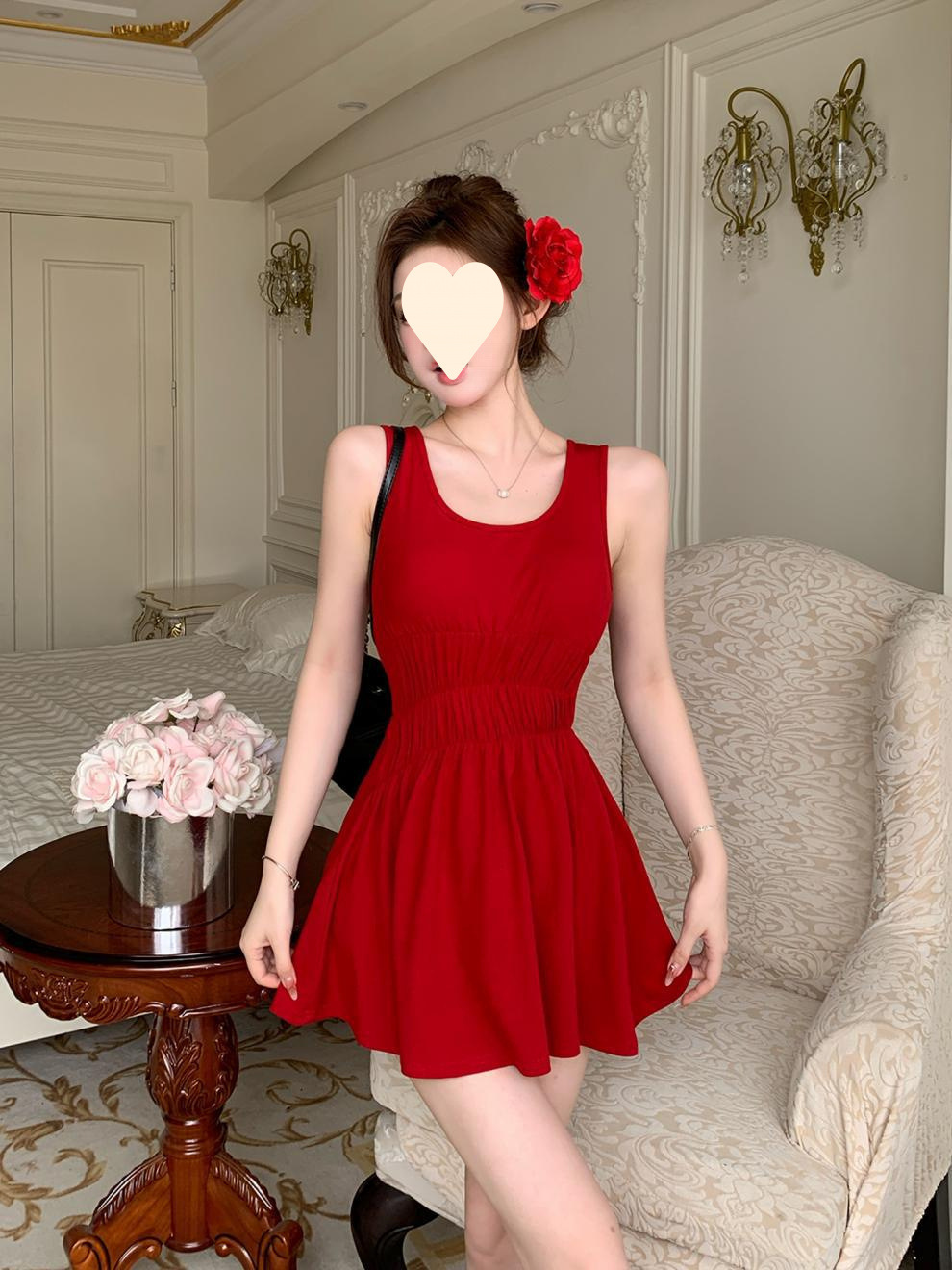 蝴蝶结性感露背法式红色连衣裙女高级感夏收腰显瘦甜辣妹吊带短裙详情4