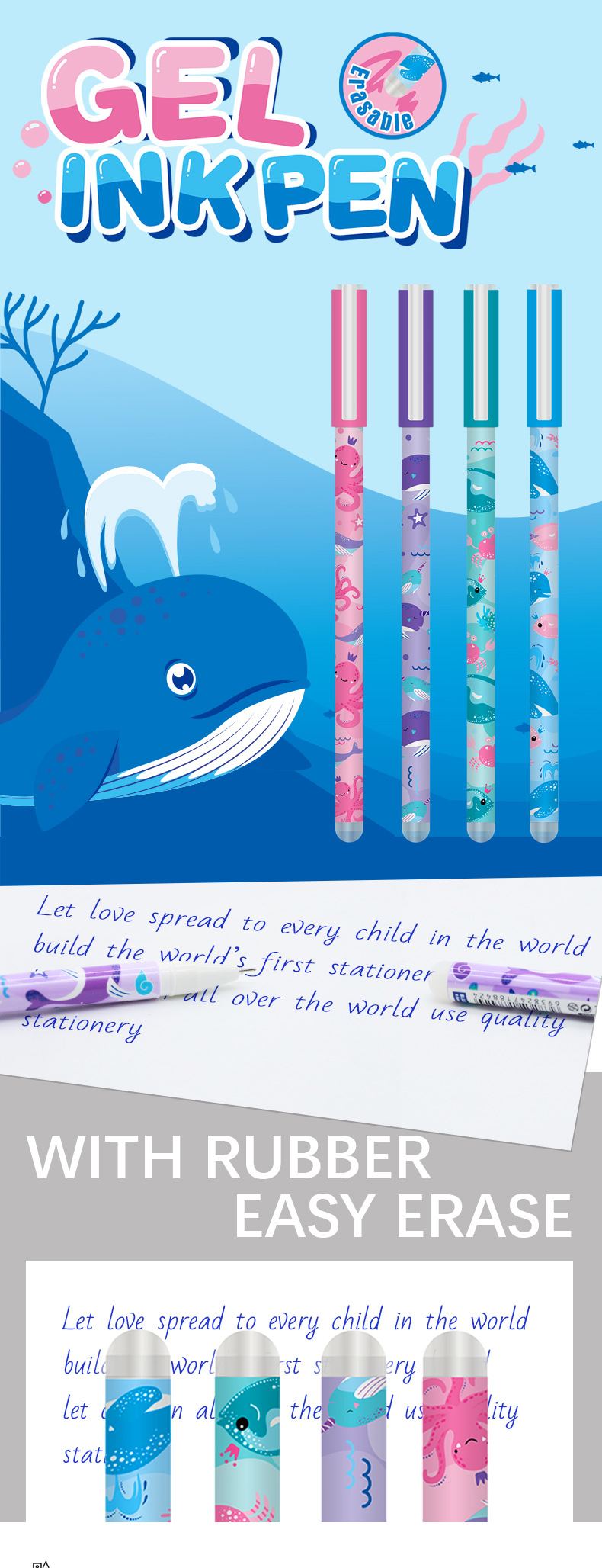 Yalong Cross-border Cute Ocean Dolphin Standard Erasable Pen Gel Pen Office and School Stationery pic 2