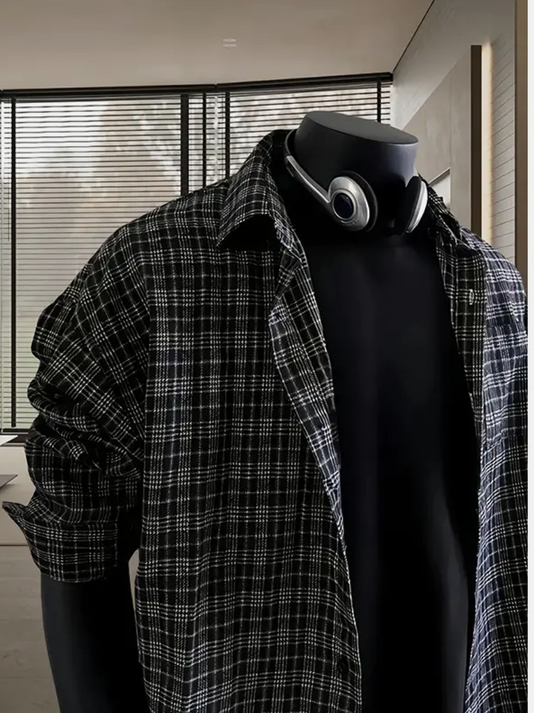 cleanfit黑色长袖格子衬衫男款春秋季高级感格纹衬衣宽松休闲外套详情5