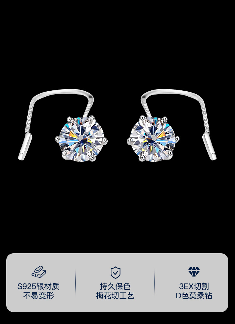Zhuoheng Select S925 pure silver Moissanite stud Earrings, a classic six-prong stud earrings for women, a cross-border bestseller, high-end and light luxury ear line earrings pic 1