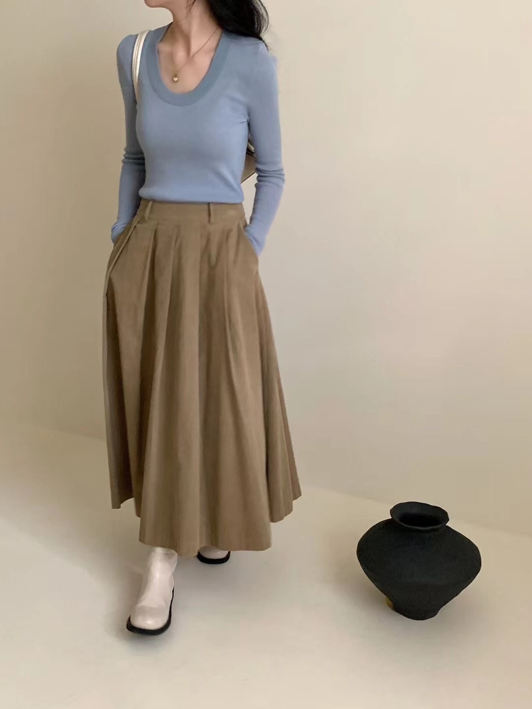 早秋新款100羊毛U领韩系纯色时尚简约针织弹力打底衫百搭女毛衣潮详情6