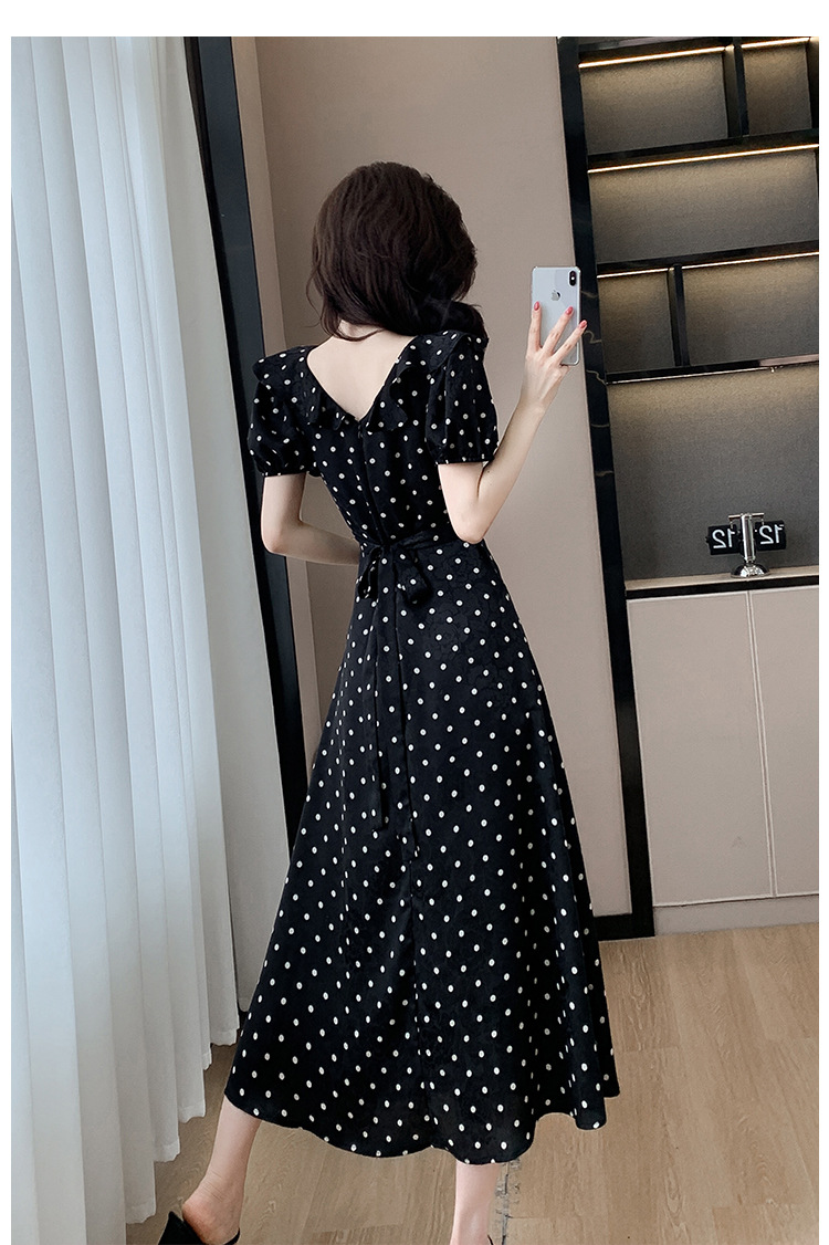 High-quality summer Korean-style sweet and slimming dress with lotus leaf collar, waist-cinching tie, puffed sleeves and jacquard polka dot pic 30