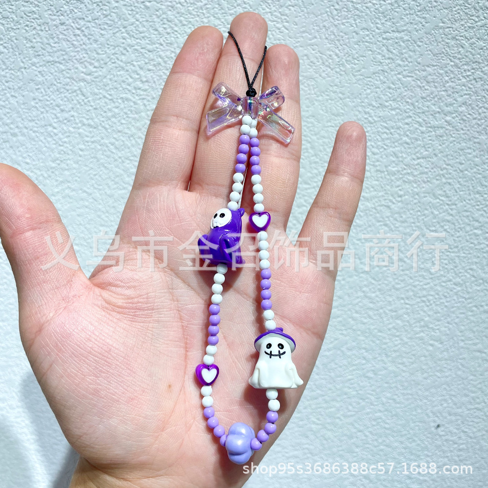 Halloween ins mobile phone chain Pumpkin ghost Skull Ghost face hand-painted mobile phone pendant, beaded keychain pendant pic 6