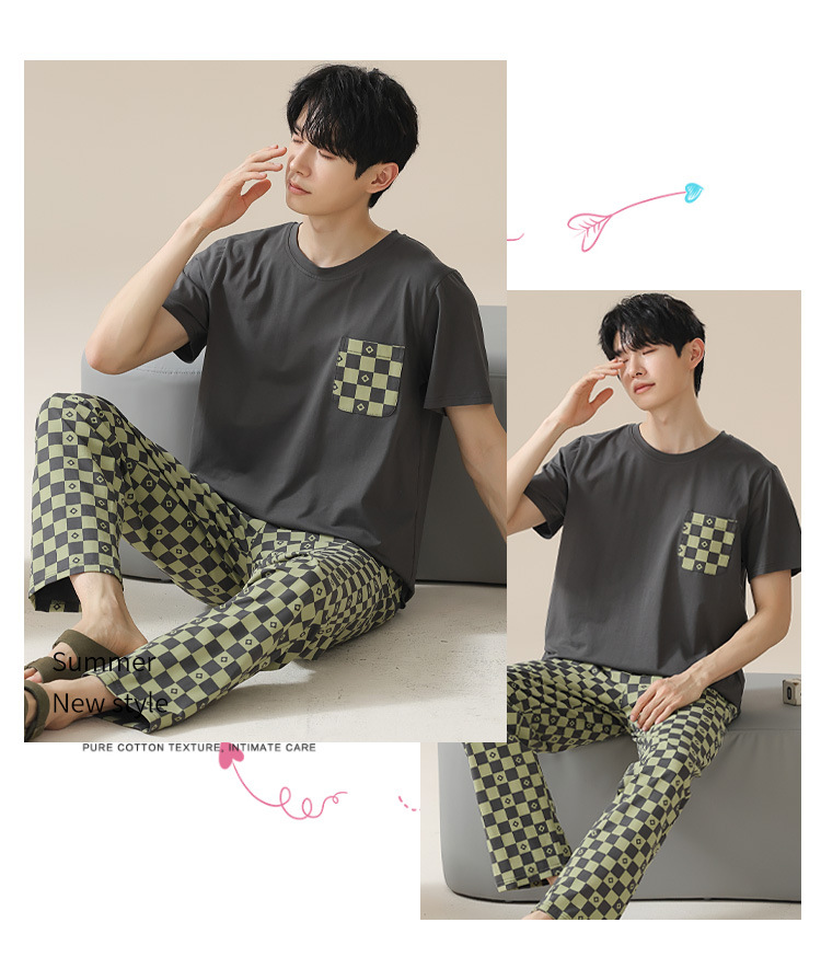 Summer pure cotton pajamas for men, cartoon casual short-sleeved shirts and long pants, pure cotton comfortable home wear, summer youth student set pic 86