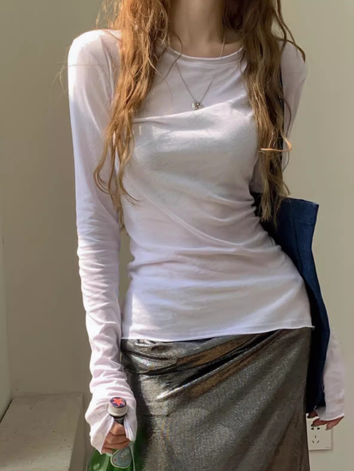 白色打底衫女薄款微透长袖T恤防晒罩衫春季2025修身显瘦简约上衣详情1