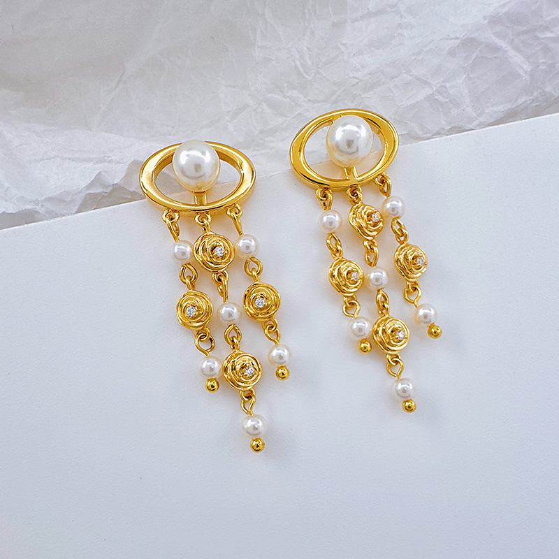 Nuevo estilo moda mujer pendientes calado rosa flor perlas pendientes premium sentido borlas magos luz accesorios de oído de lujo pic 8
