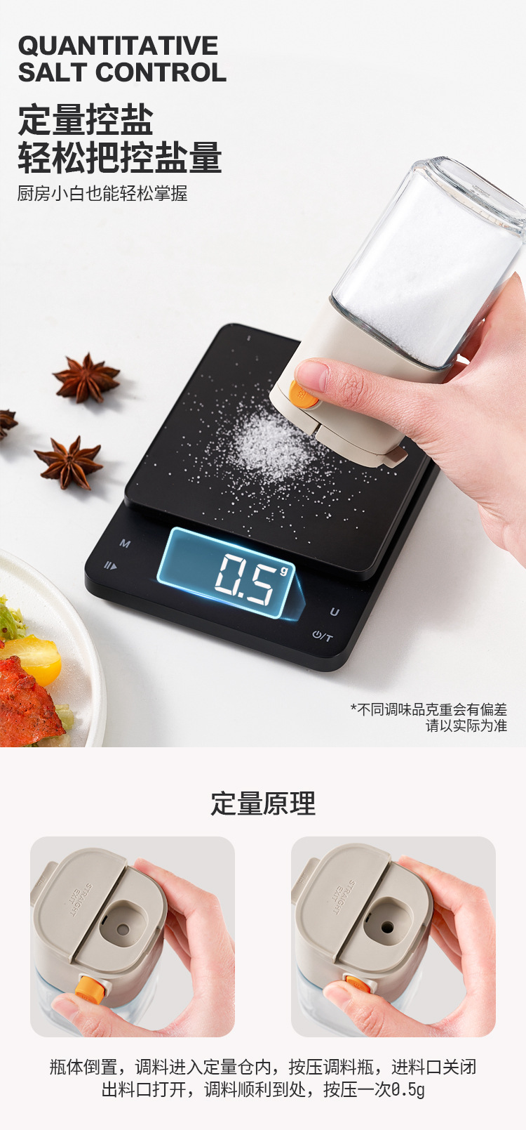 六小狐新款控量调料瓶 180ml盐粉颗粒调味品0.5g控量玻璃调味罐详情3