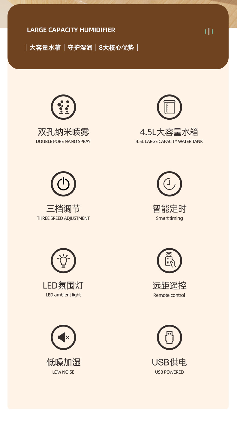 新款智能双喷加湿器宿舍卧室办公室大容量遥控数显夜灯空气加湿器详情2