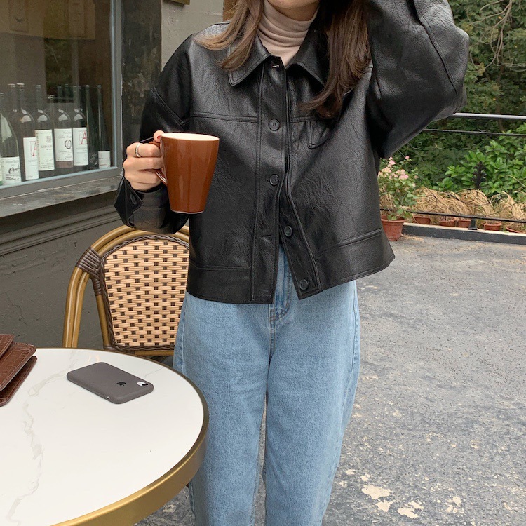 宽松皮衣女2023春秋新款韩版时尚休闲黑色百搭单PU外套短款皮夹克详情4