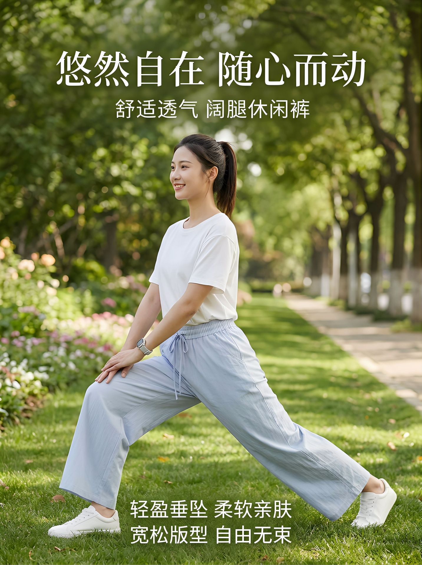 夏季新品九分阔腿萝卜裤子女显瘦宽松直筒高腰松紧腰拼接风女裤详情8