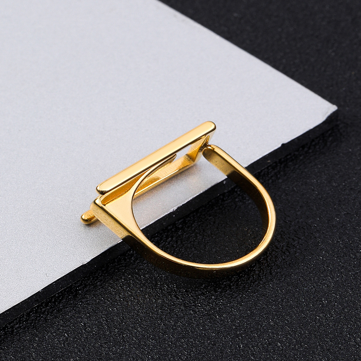 跨境时尚钛钢长方形戒指 开口可调节不锈钢几何图案创意饰品 厂家详情5