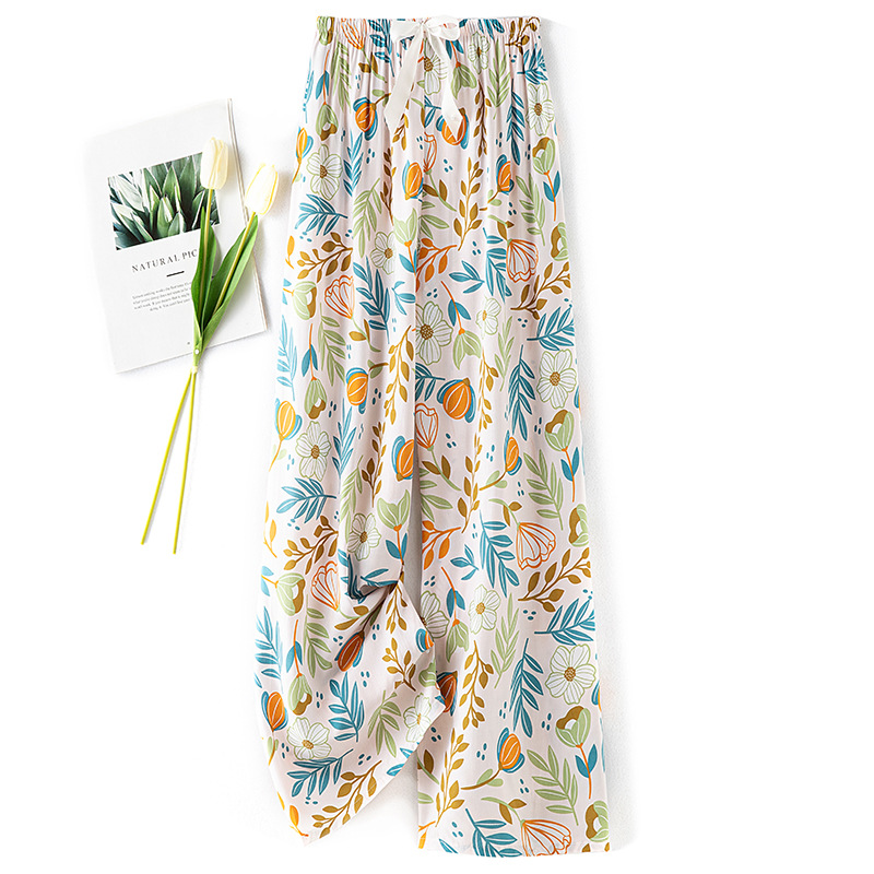 Cotton silk pajama pants for women in summer, thin artificial cotton wide-leg pants, can be worn outside in spring and autumn, loose home air conditioning nine-inch long pants pic 8