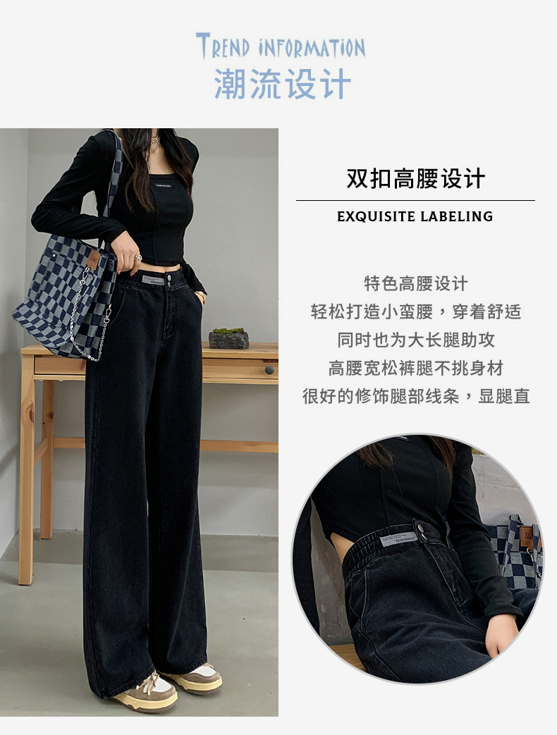 外贸定制双扣阔腿牛仔裤女2024秋爆款小个高腰显瘦垂感直筒拖地裤详情5