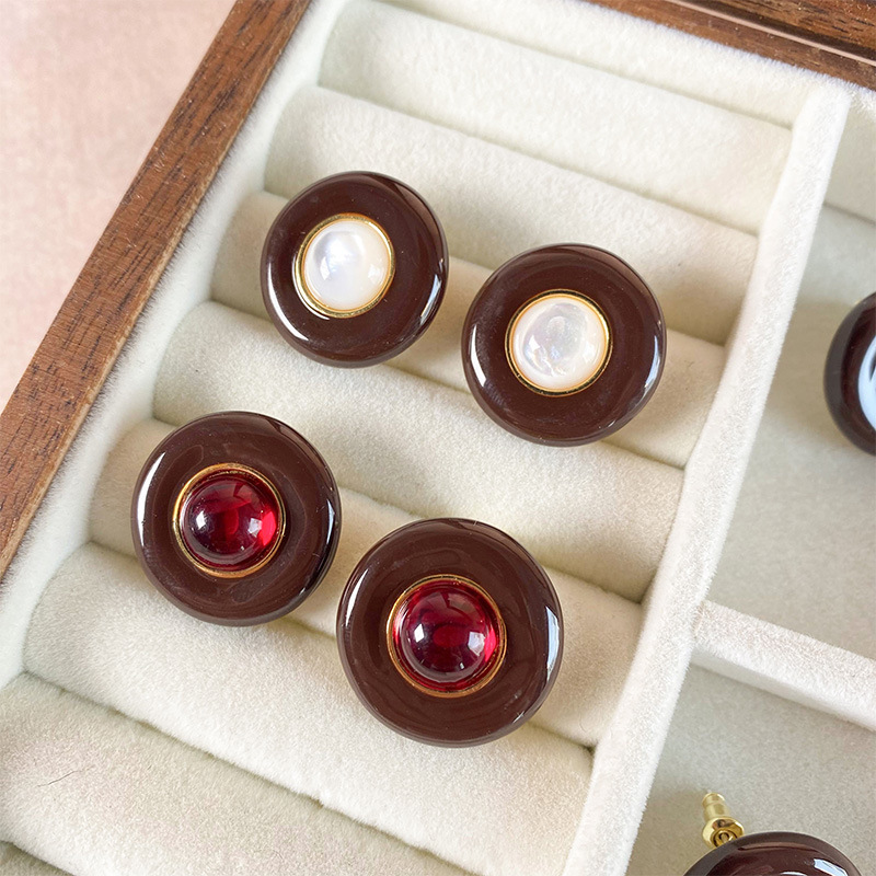 赫本风珐琅彩安哥拉红色绿色圆形珍珠耳钉复古vintage网红爆款详情3