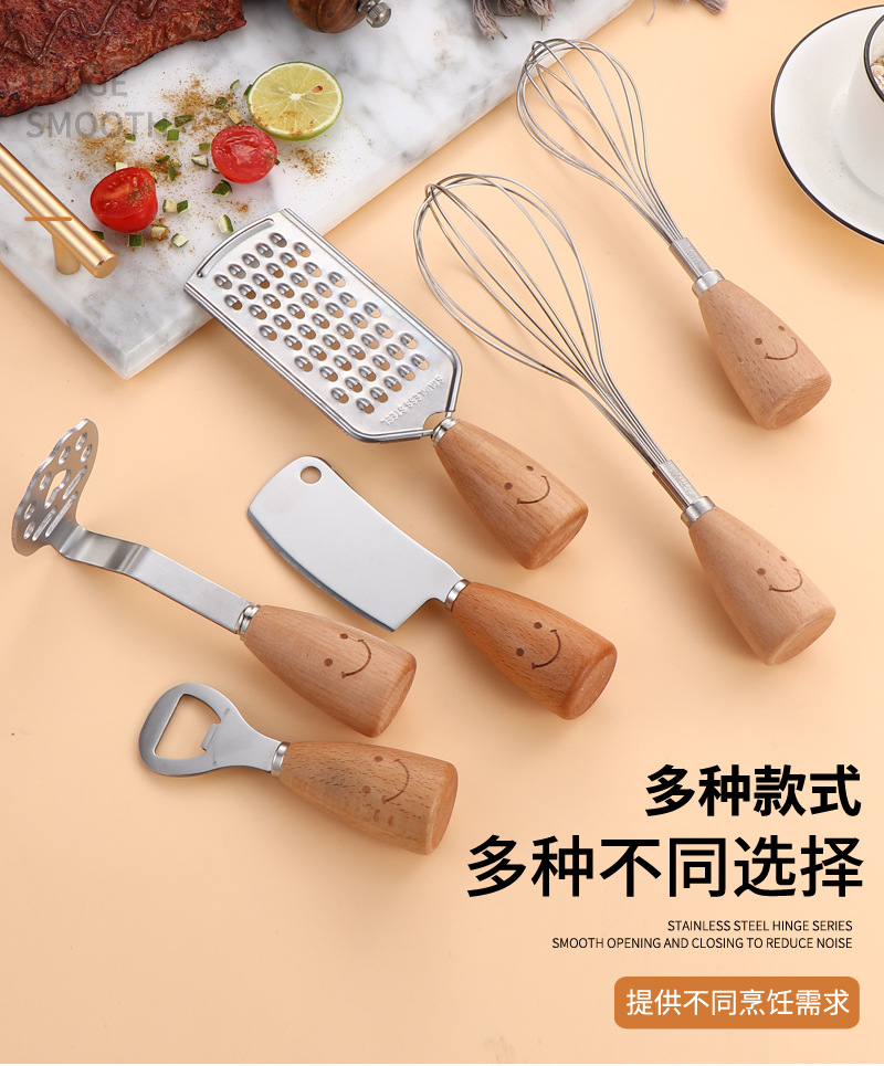 Smiling face wooden handle stainless steel potato puree maker, creative egg beater, grater, small kitchen knife for cutting and pressing potatoes pic 4