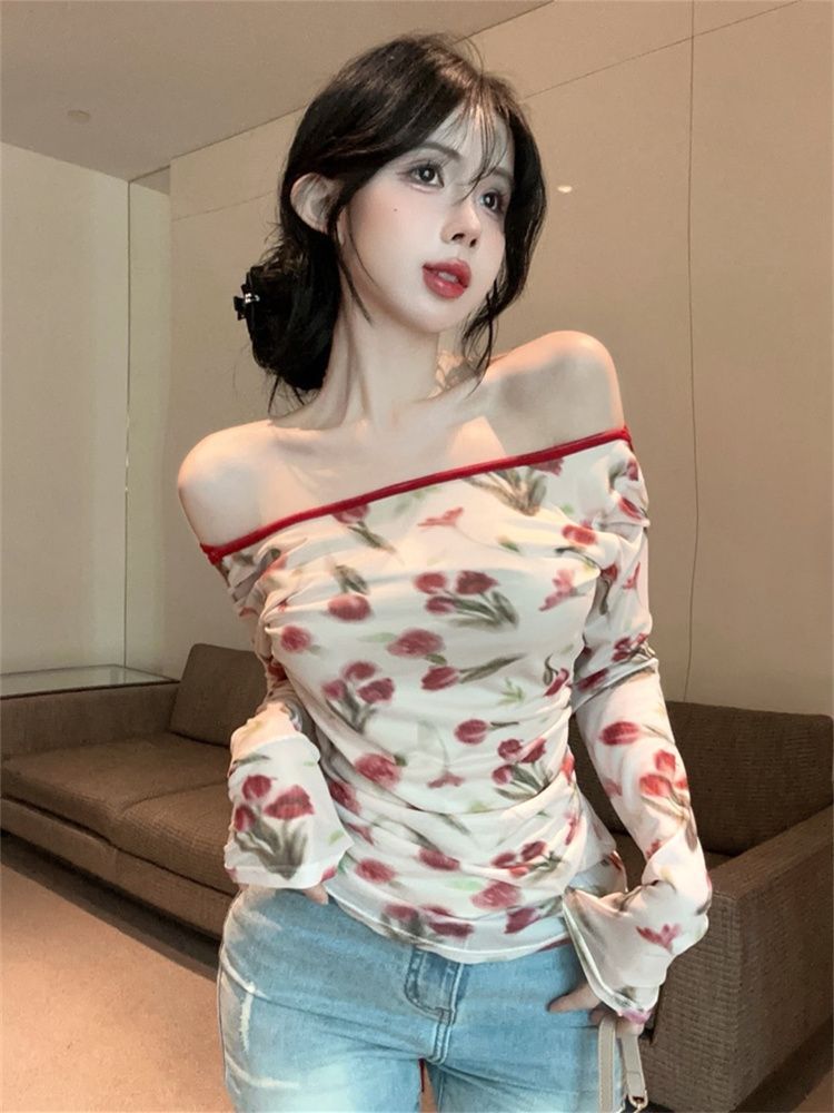 AGAM 复古浪漫玫瑰印花修身上衣撞色网纱绑带露背薄款长袖打底衫详情6