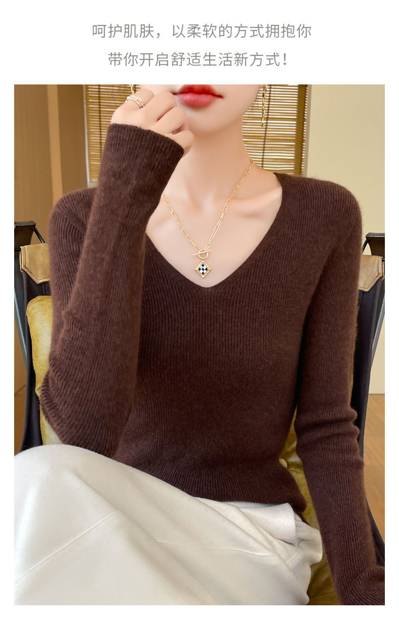 This autumn and winter new style of wool sweater features a V-neck that is slimming and versatile. It is a long-sleeved, casual and elegant sweater with a base layer of knitted sweater for women pic 28