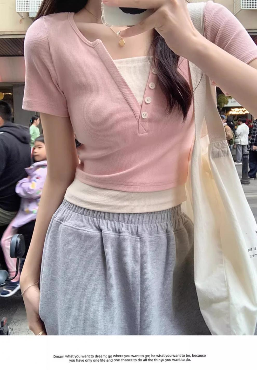 Pink V-neck off-the-shoulder T-shirt for women, short sleeve, new spring and summer style, two-piece design, slim and short, pure and sensual pic 4