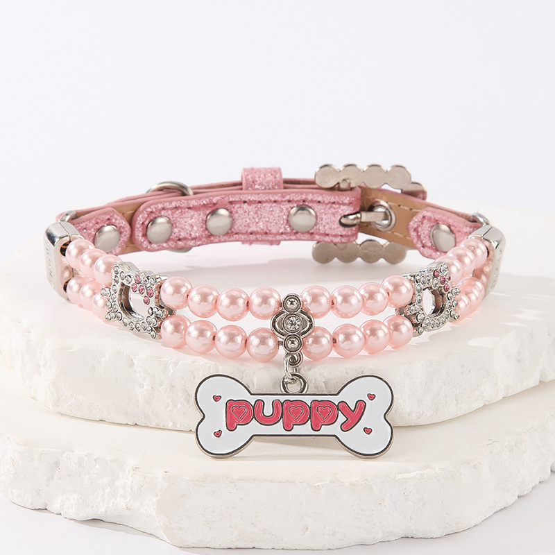 New pet beaded large bone pendant collar, small cat and dog simulation pearl water diamond cat head beaded cat chain necklaces pic 12