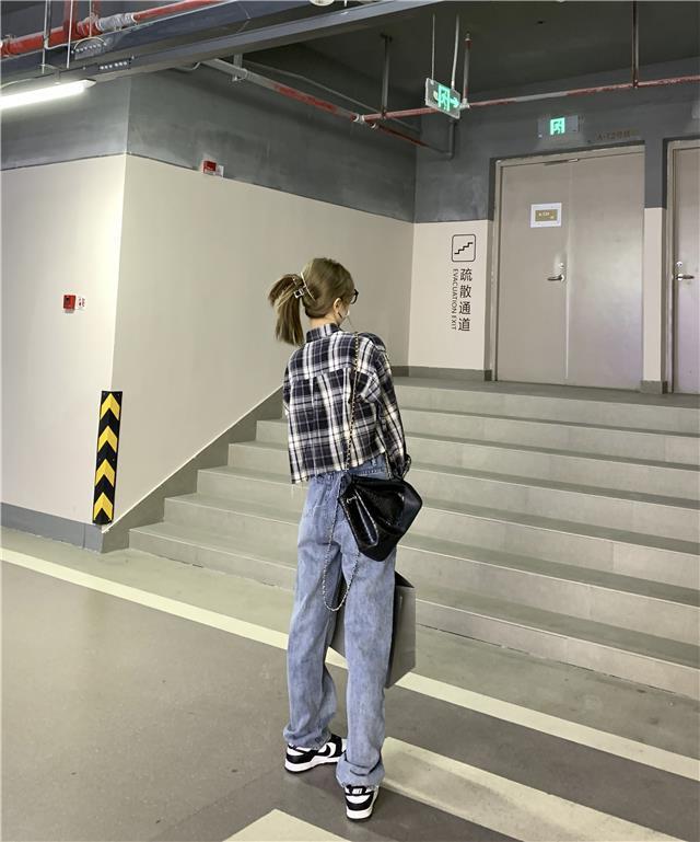 慵懒雅痞调调衬衫须须边短款格子衬衫女夏秋韩版宽松长袖衬衣女详情9