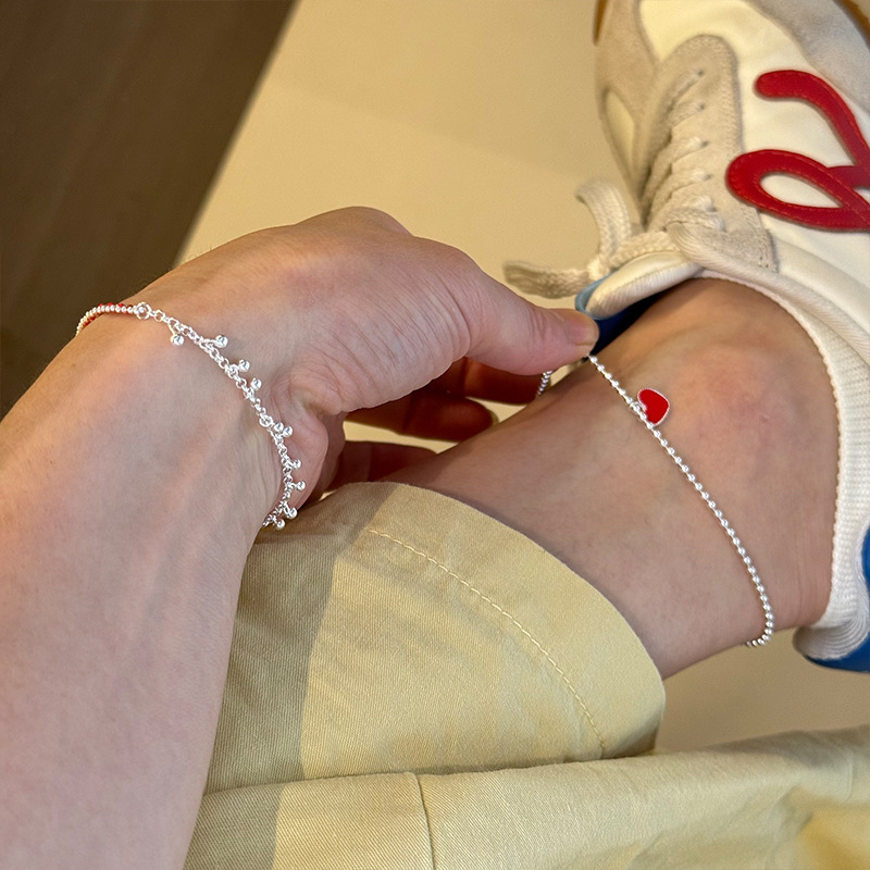 925纯银红色爱心脚链女日韩国简约手工圆珠脚镯学生闺蜜配饰详情7
