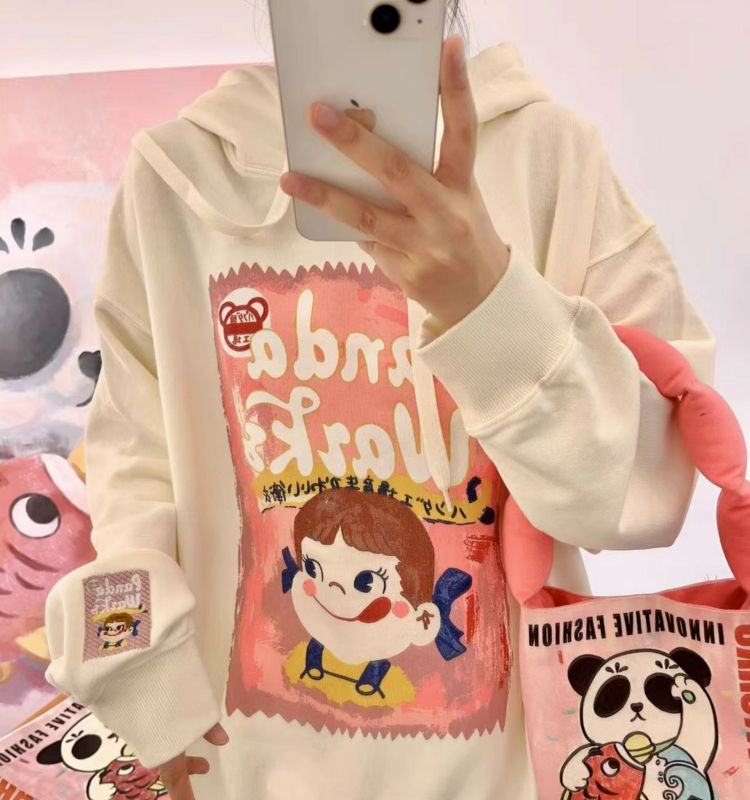 現貨代發跨境臺灣卡通不二家抓絨加厚連帽衛衣女2025秋冬新款上衣详情3