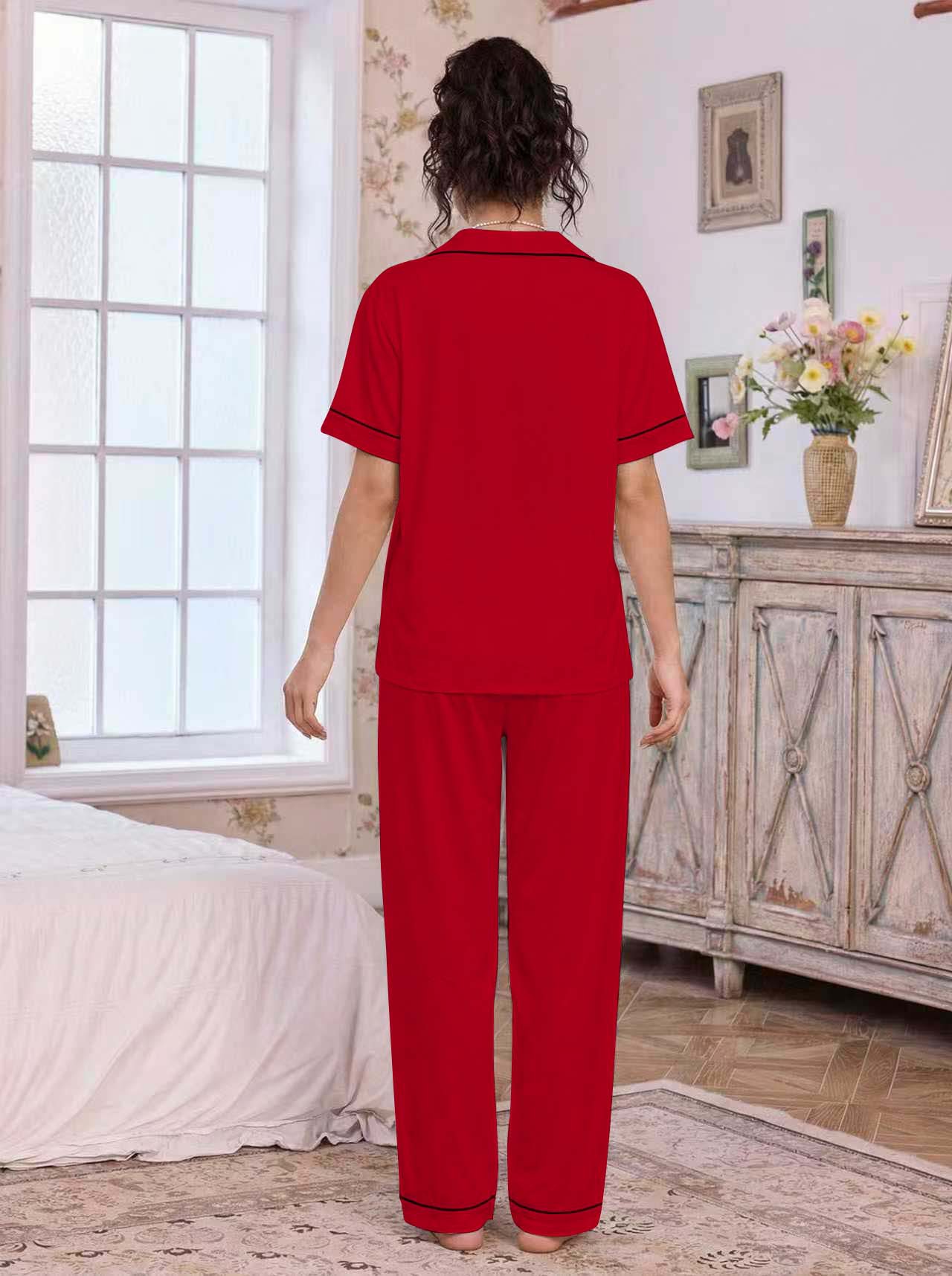 亚马逊欧美家居服套装翻领开衫短袖长裤爱心绣花睡衣女外贸独立站详情19