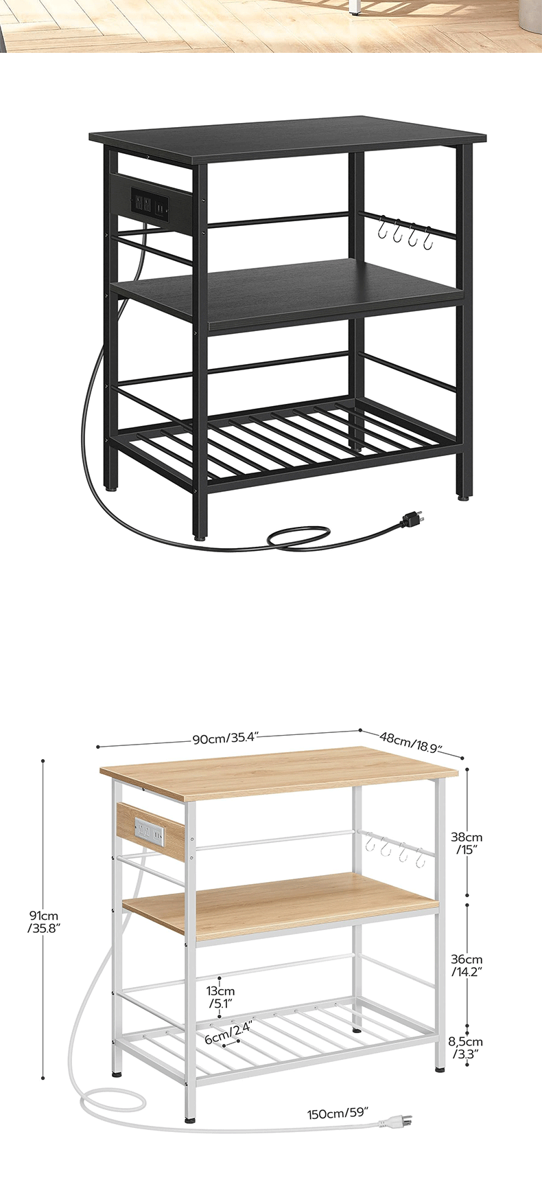 Amazon cross-border e-commerce kitchen shelf, kitchen island with storage space and power socket kitchen island table pic 2