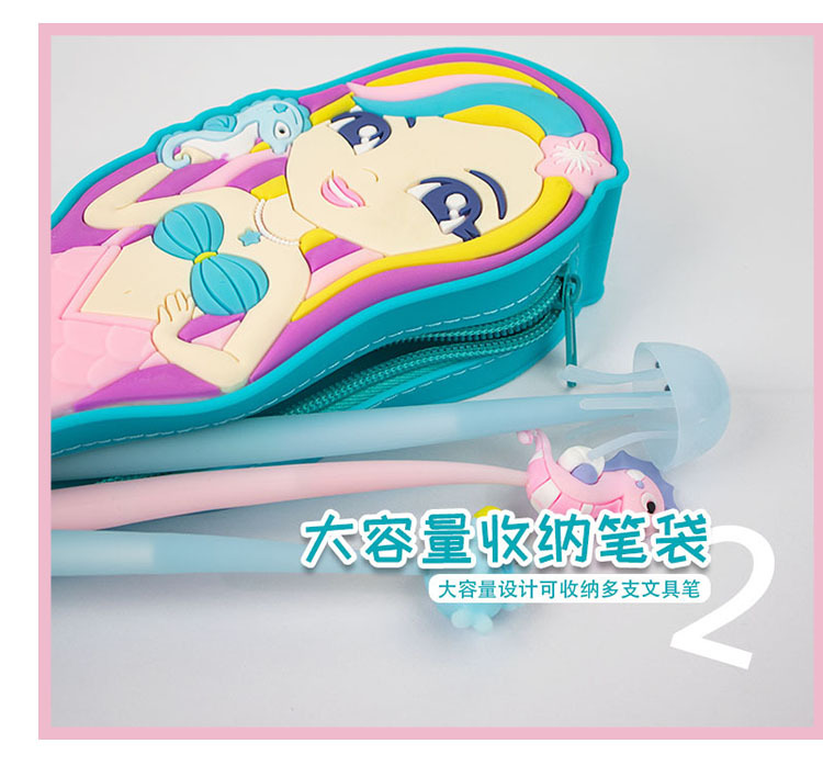 Creative mermaid silicone pencil case, cute cartoon stationery box for male and female students, large-capacity waterproof pencil case, Korean version pic 12