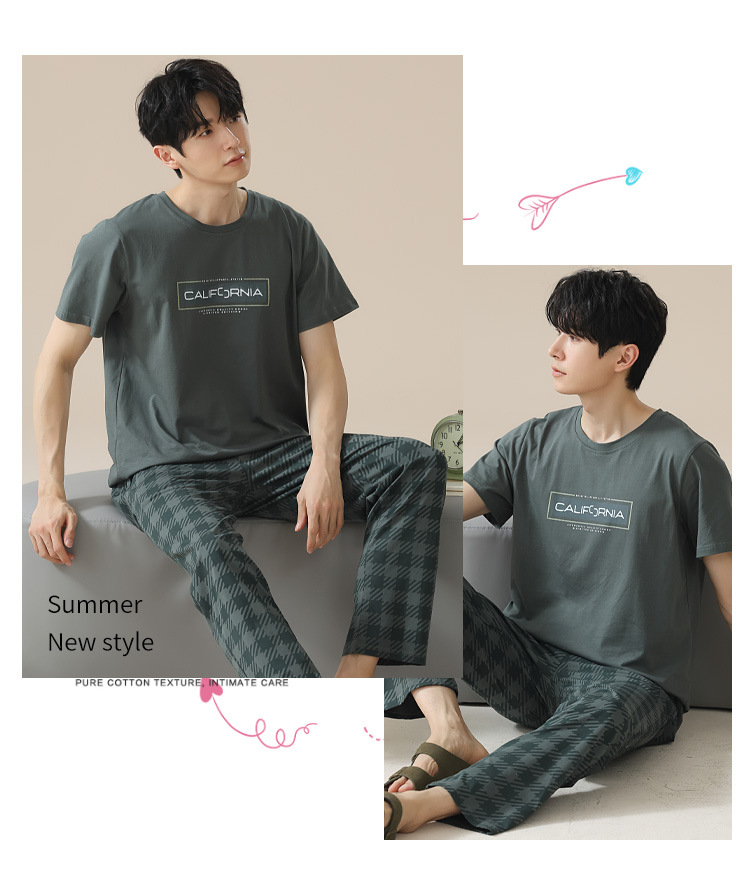 Summer pure cotton pajamas for men, cartoon casual short-sleeved shirts and long pants, pure cotton comfortable home wear, summer youth student set pic 64
