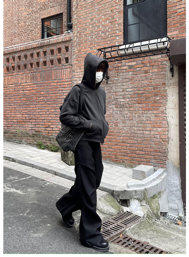 2023 new style cleanfit dress pants with a niche design, pleated, loose, casual, wide-leg, slightly flared floor-length pants for men pic 12