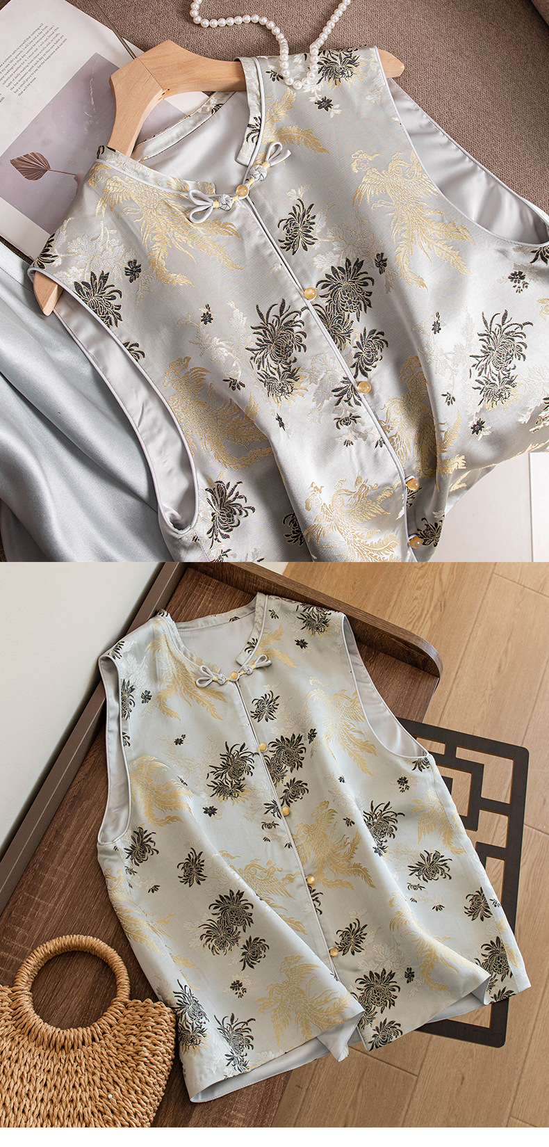 New Chinese-style improved new national trend button-up small stand-up collar jacquard brocade gold heavy industry embroidered vest jacket pic 9