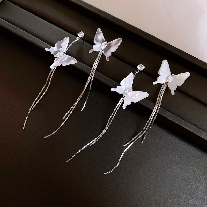 银针不对称蝴蝶树脂流苏耳钉气质高级感耳环甜美小清新耳饰批发女详情13