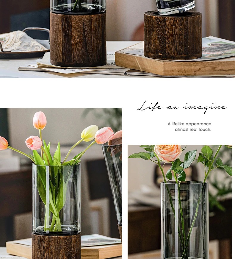 轻奢简约装饰水培花瓶摆件创意玻璃水养鲜花酒店客厅餐桌木托花瓶详情8