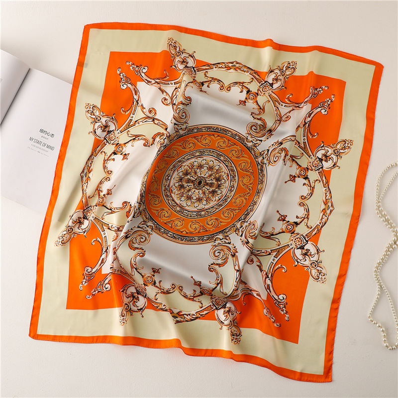 A 70cm small square scarf with Chinese trend printed patterns for women, fashionable clothing matching. The small silk scarf is an elegant autumn and winter scarf with flowers pic 6
