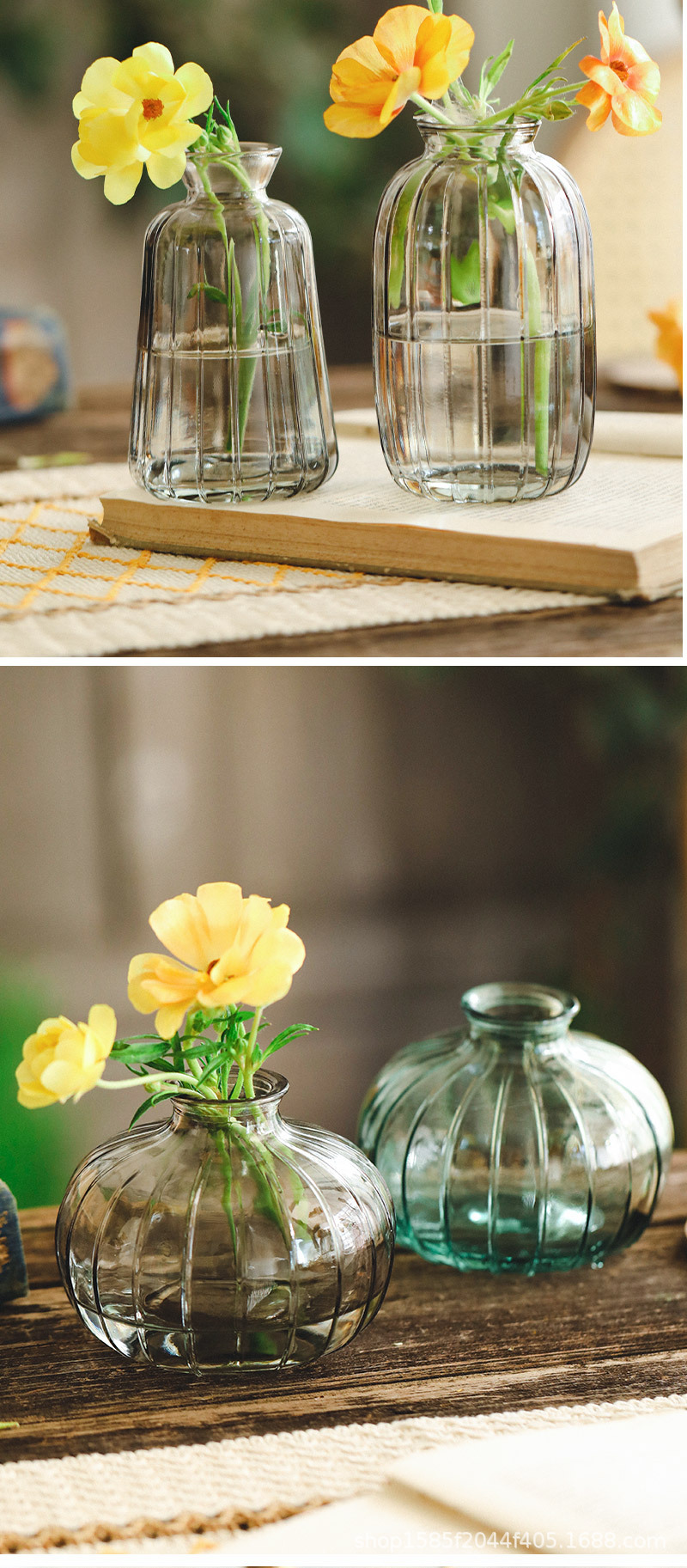 Wholesale of Amazon transparent glass vases, colorful small-mouthed, small-sized vertical patterned hydroponic fresh flower tabletop decorative items pic 14