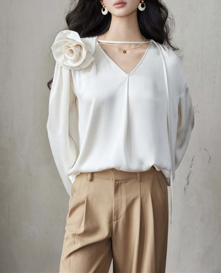 上新珍珠缎真丝光泽感泡泡肌理缎可拆卸手工立体玫瑰花宽松衬衫女详情5