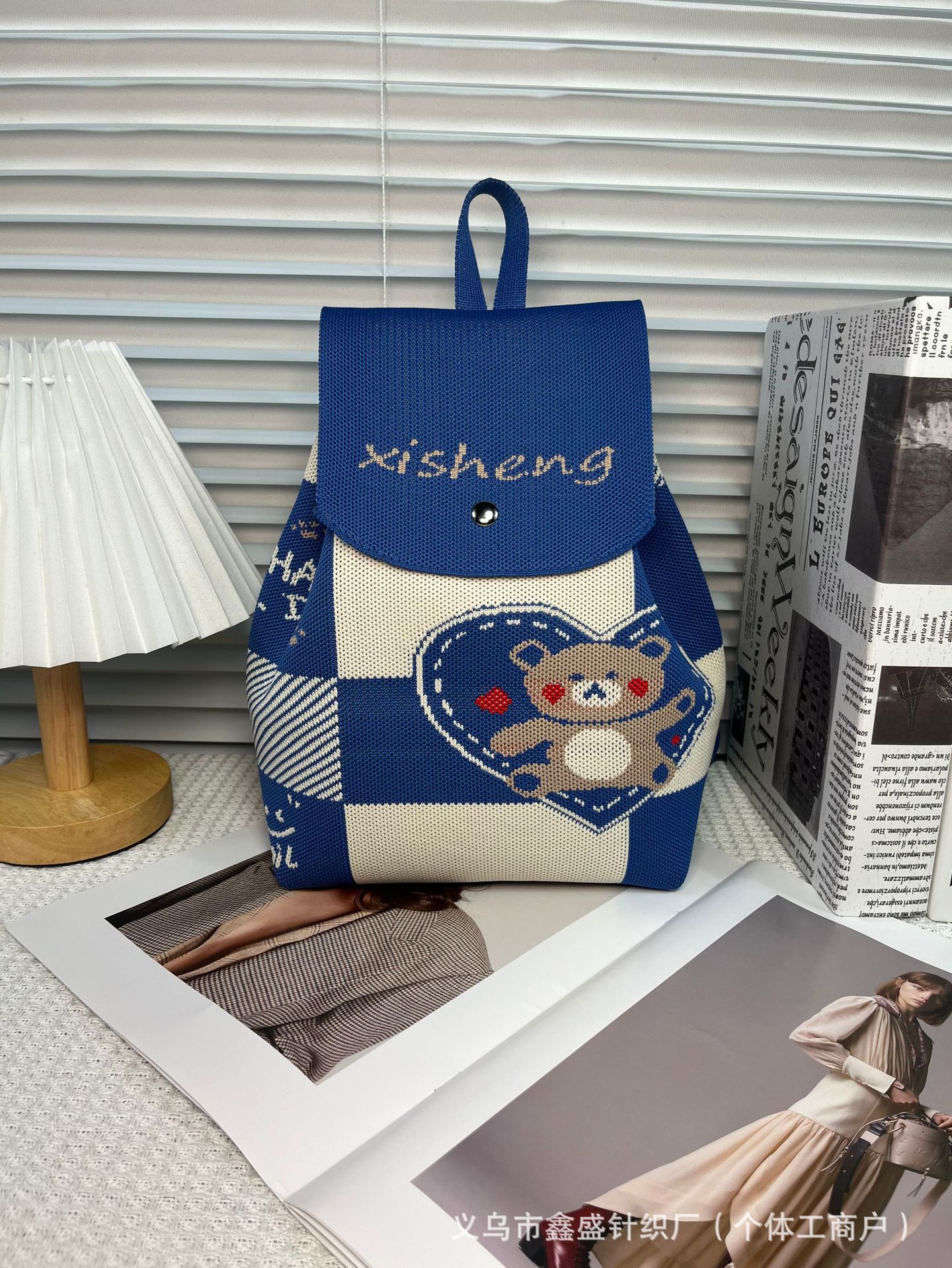 新款ins网红卡通便携通用百搭针织抽绳双肩包手拎包可编logo包包详情5