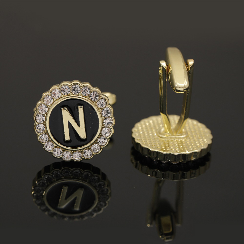 大写字母袖扣圆形镶钻袖钉合金滴油男士衬衫扣26英文字母A-Z配饰详情28